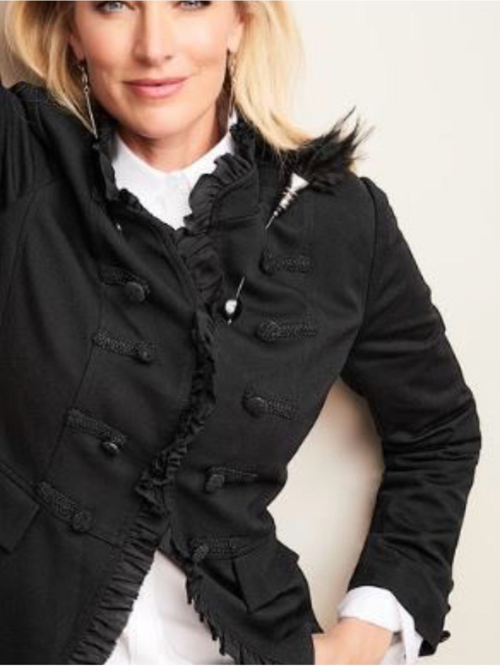 Chico’s Ruffle-Trim Black Military-Style Blazer size 3 GUC